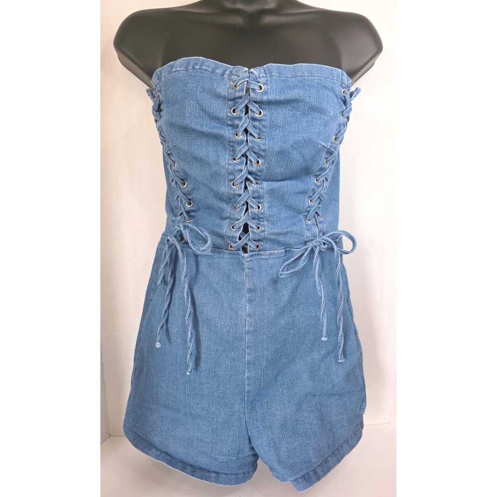 Denim Blue Los Angeles Strapless Lace Up Corset Romper Medium Wash Blue SZ L